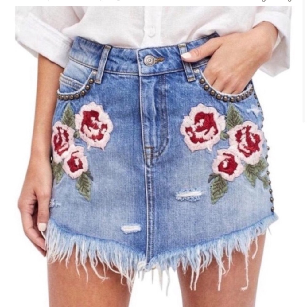 Free People Wild Rose Embroidered Denim Skirt